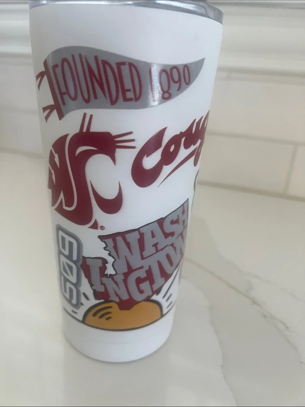 WSU Cougs! Corkcicle White Travel Tumbler with Maroon and Gold Graphics